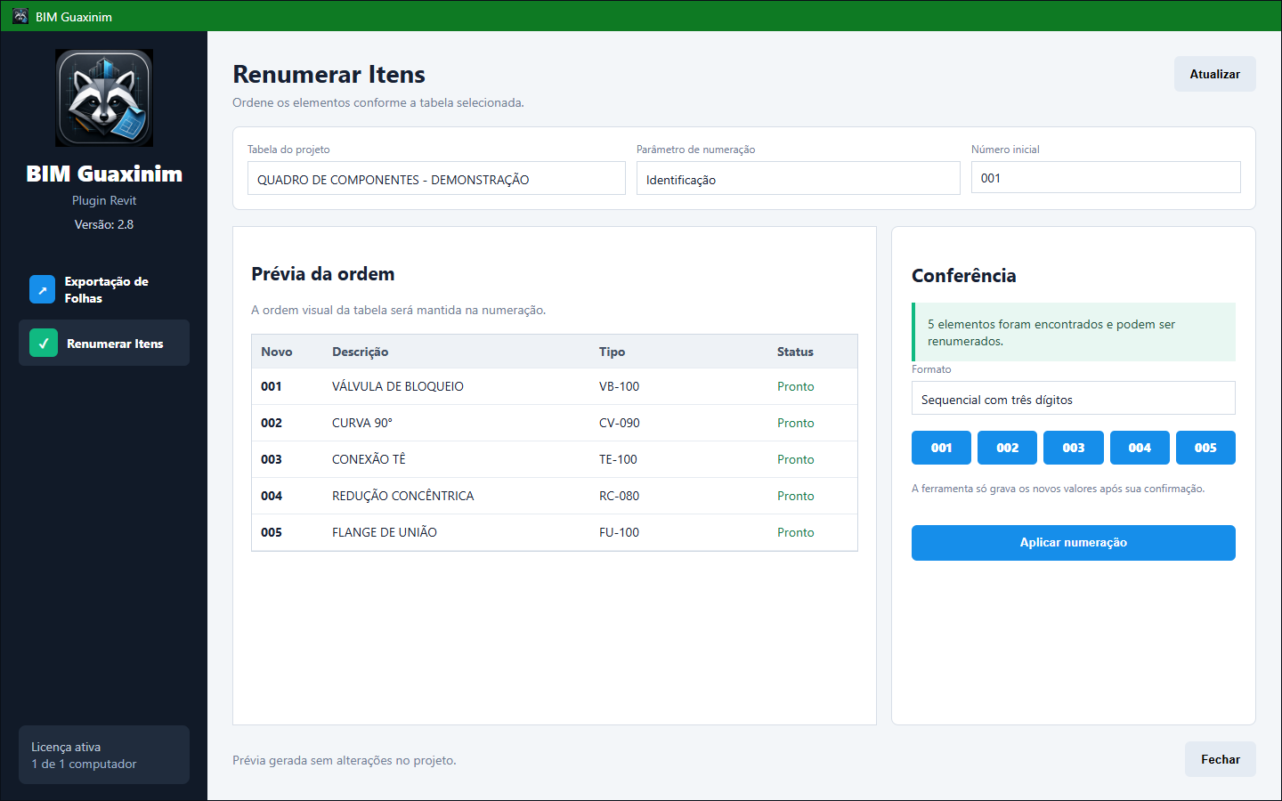 Tela fictícia da ferramenta Renumerar Itens